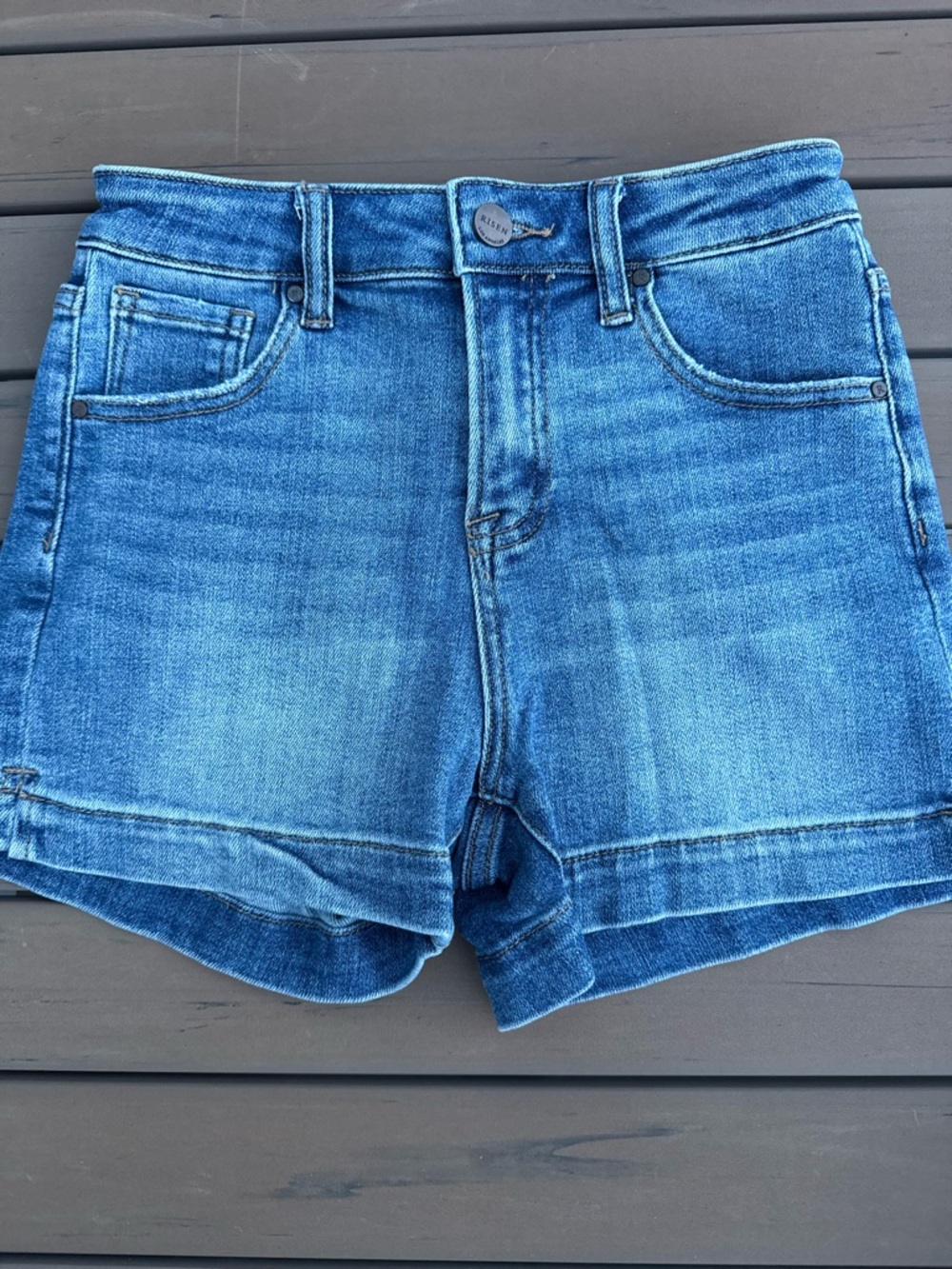 Risen High-Rise Blue Denim Jean Shorts